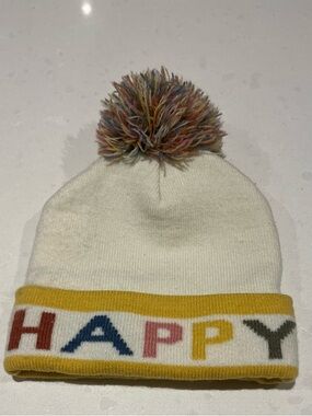 Cream Pom-Pom Hat with 'HAPPY' Knit Trim 6-12m